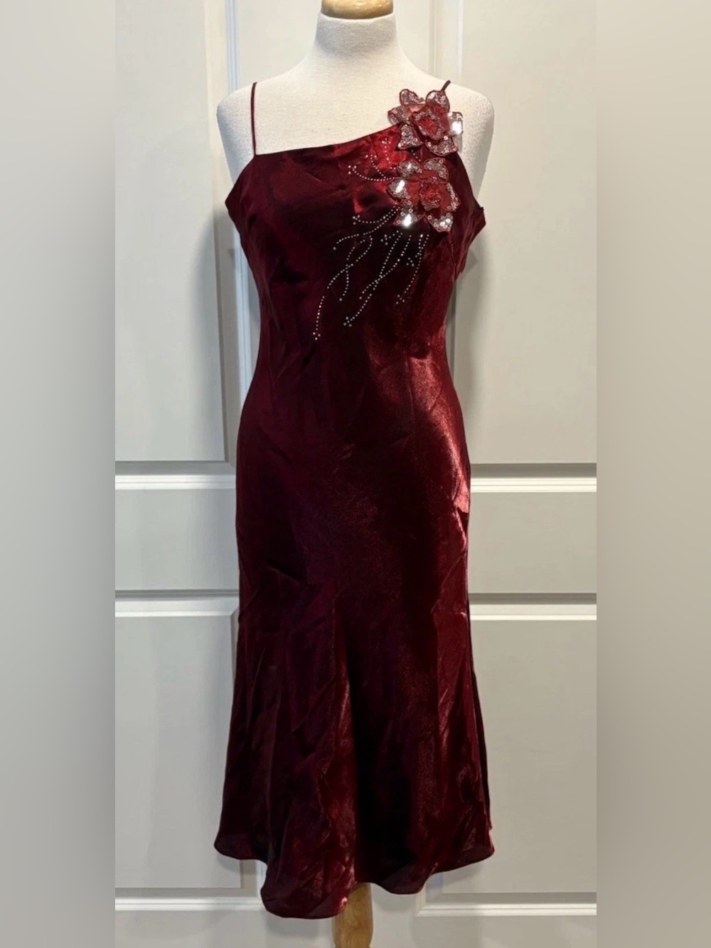 Vintage Y2K Wine Red Midi Dress Sz M Whimsical Romantic Goth Thin Strap Sequins